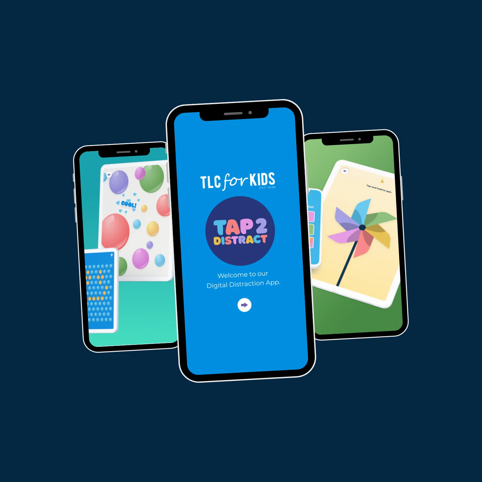 Tap 2 Distract app shown on mobile phones